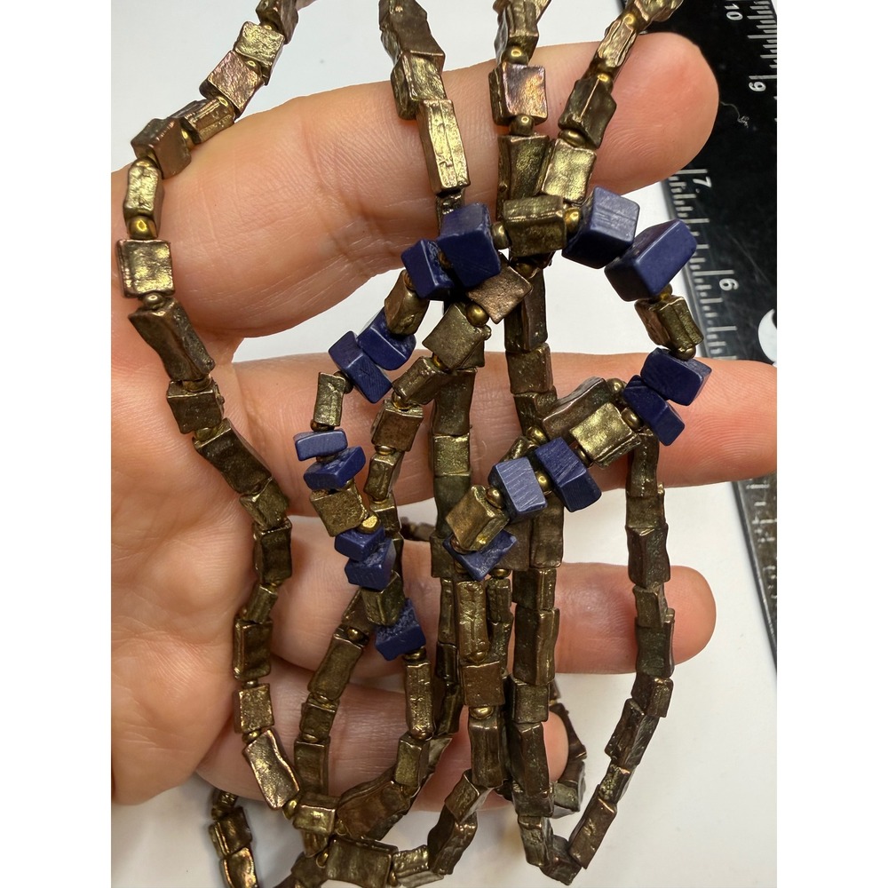 Artisan Bronze Metallic Hammered Bead Necklace Cobalt Blue Cube Accent Long